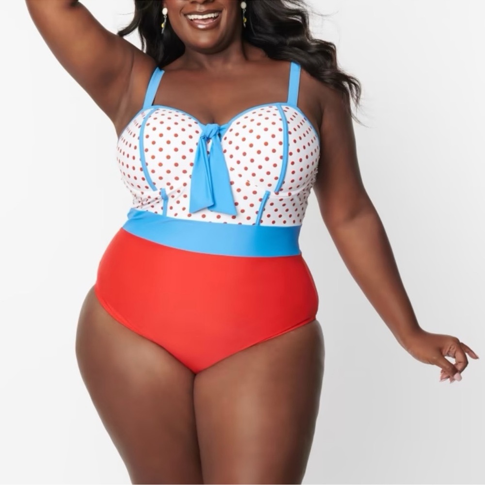 Unique Vintage Red, Blue & White Polka Dot One-Piece Swimsuit - Picture 1 of 6